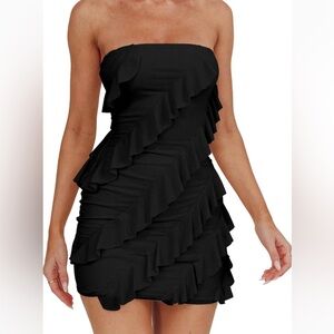 Classic Strapless Black Ruffle Mini Dress